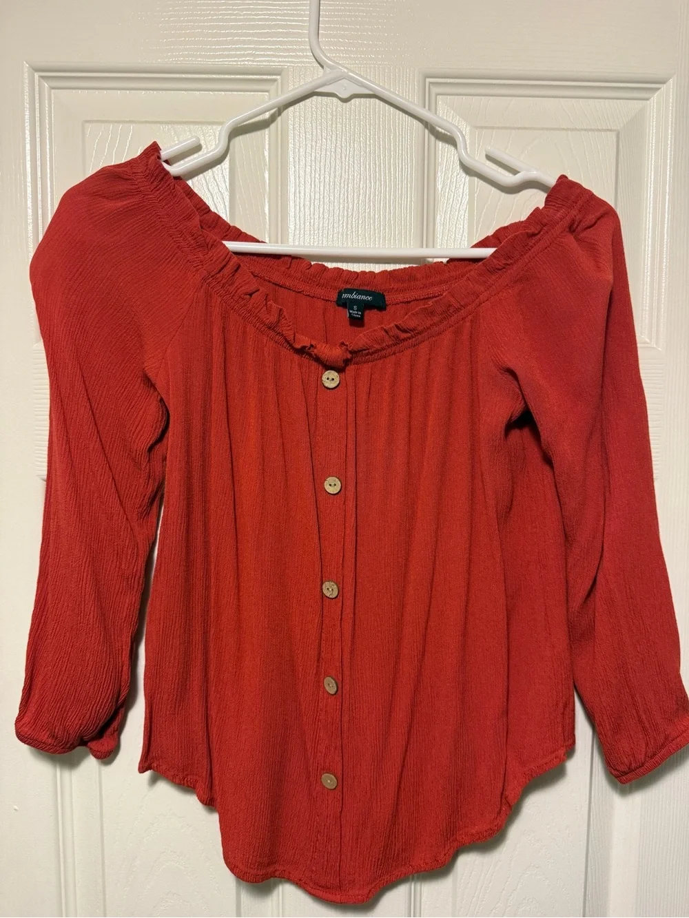 Rust-Red Button Front Off-Shoulder Blouse - Picture 1 of 2